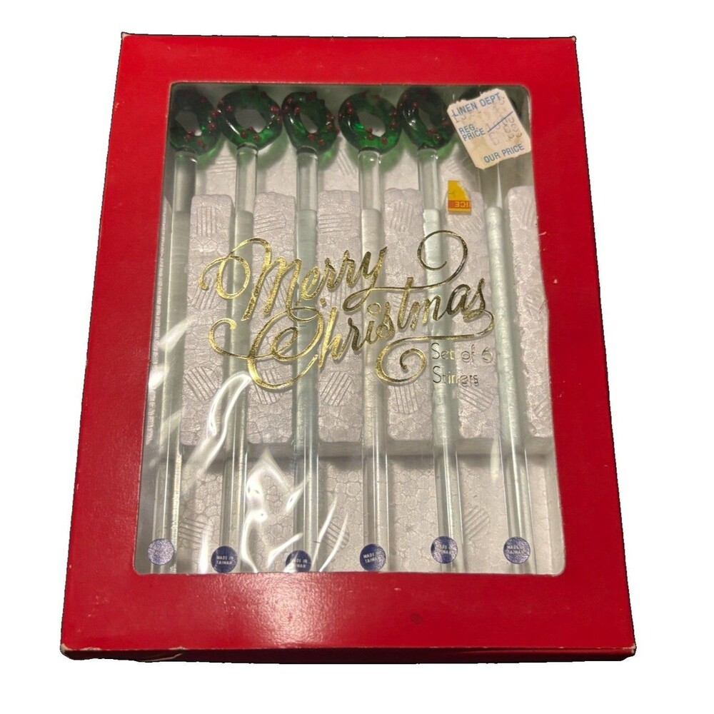 Vintage Two's Company Christmas Wreath Glass Stirrer Swivel Stick Boxed Set of 6